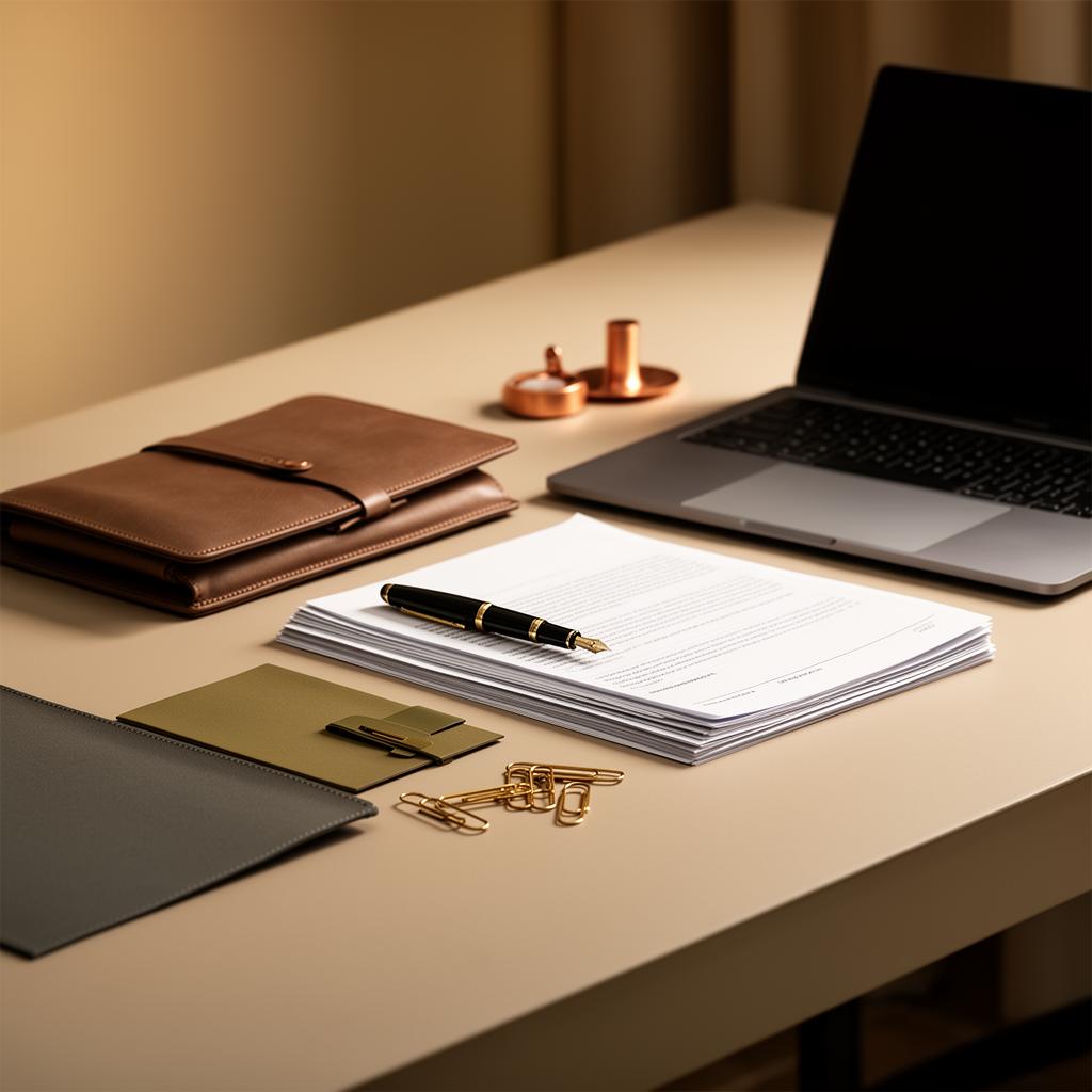 Eleganckie biuro rachunkowe — uporządkowane dokumenty, laptop i akcesoria